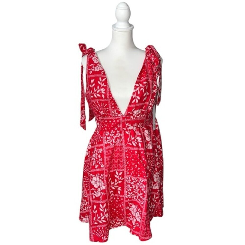 House of Harlow 1960 Sundress Floral Print Shoulder Tie Strap Red White linen M